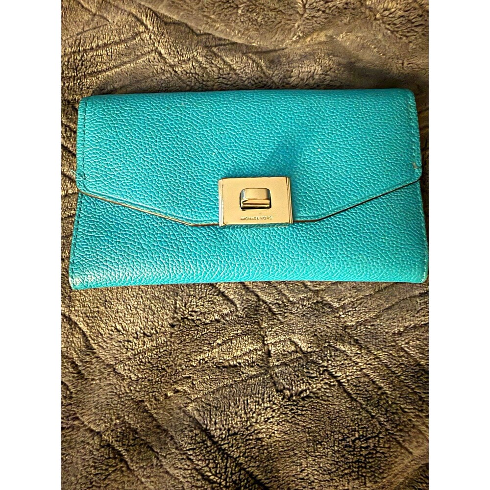MICHAEL KORS Blue Folding Wallet Snap-Flap Zip Pocket Card Slots Logo